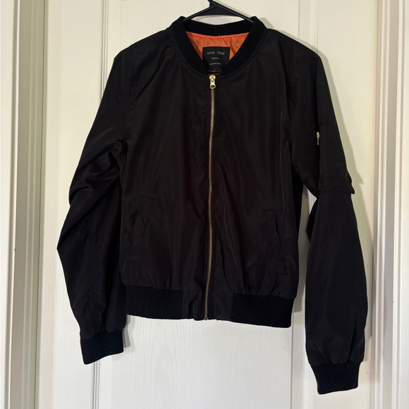 Love Tree Jackets & Blazers - Love Tree Black Bomber Jacket Women’s Medium Orange Lining MA-1 Style Zip Front